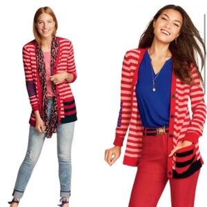 Cabi Picnic Cardigan Summer Stripe Red Pink Button Up V-Neck - M